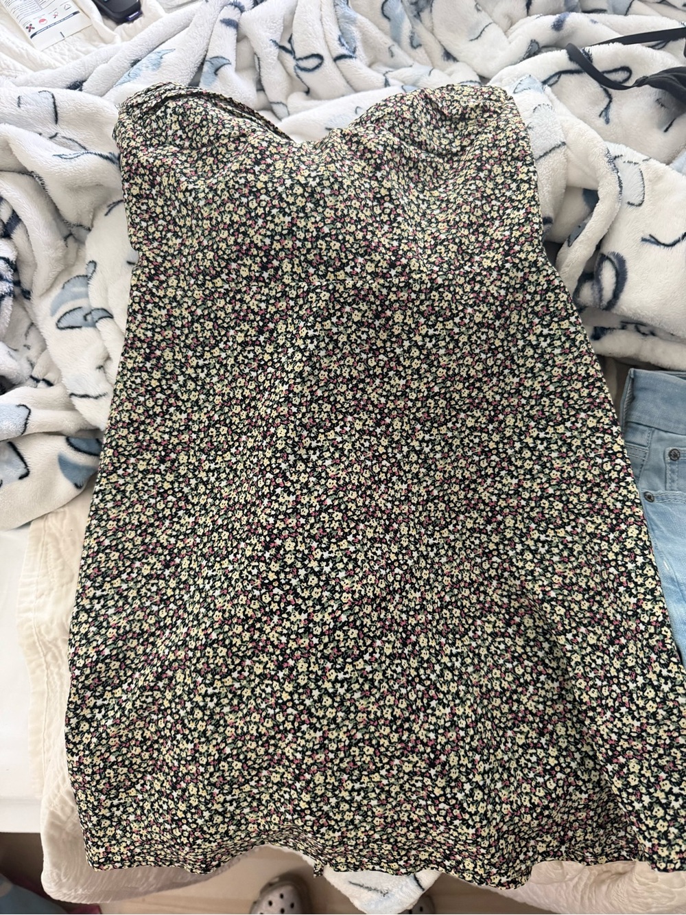 Strapless Floral Mini Dress in Black with Pink & Cream Flowers